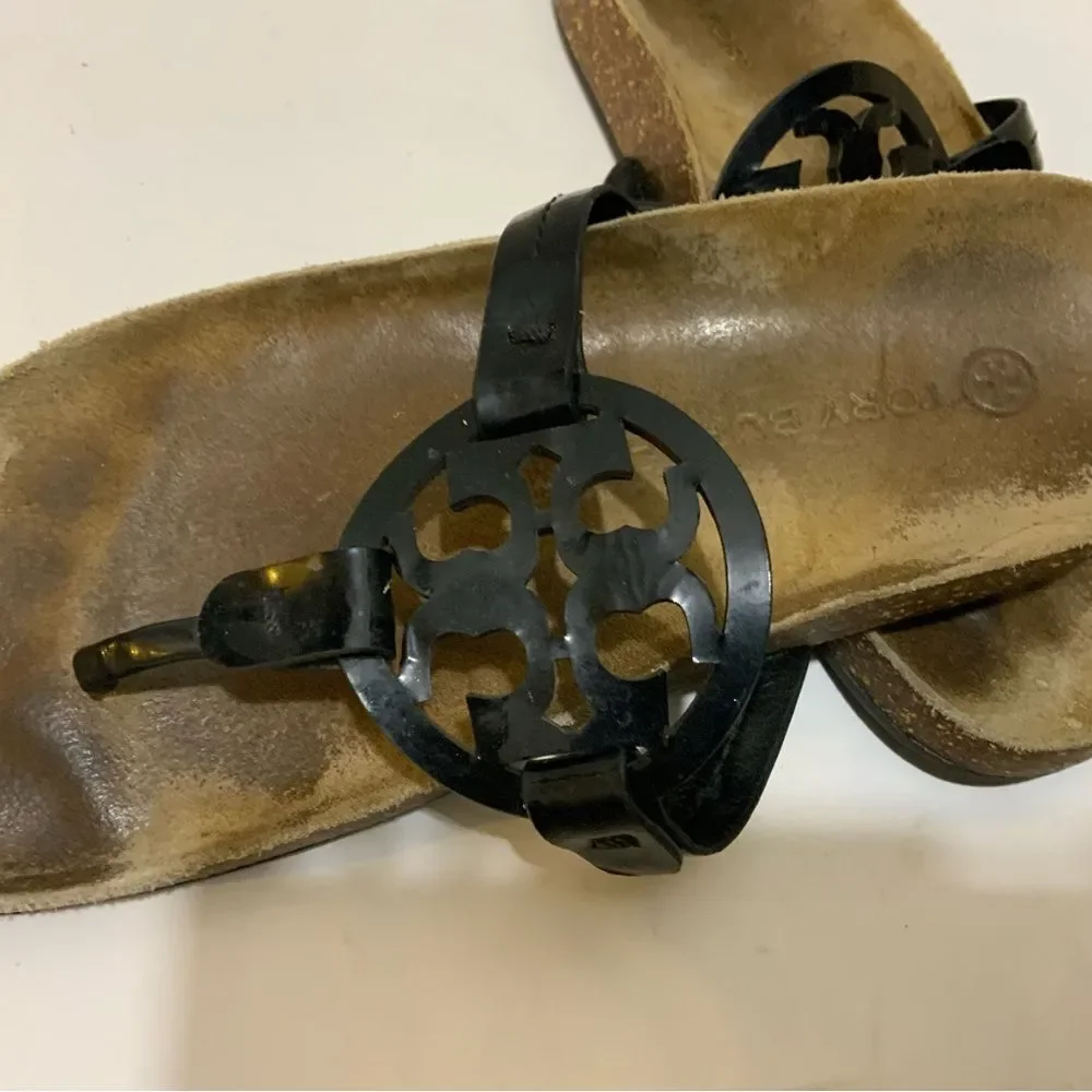 Tory Burch Miller Cloud Patent Leather Sandal Perfect Black/Natural Size 7